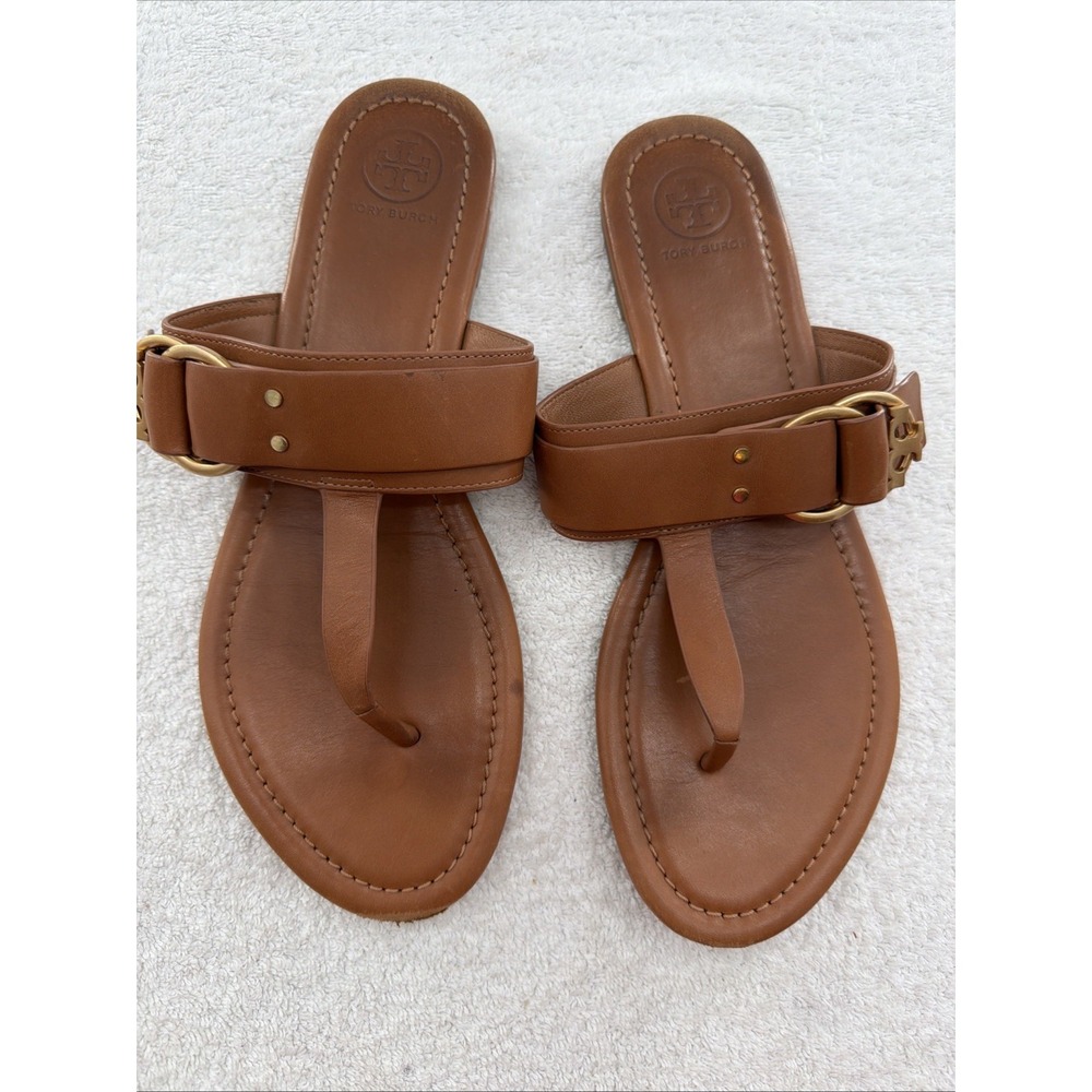 Tory Burch Sandals Shoes Womens Size 9 Brown Leather Thong Slide Buckle Logo